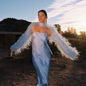 Cult Gaia Audrey Feather Jacket in ICE BLUE and perla gown in ICE BLUE